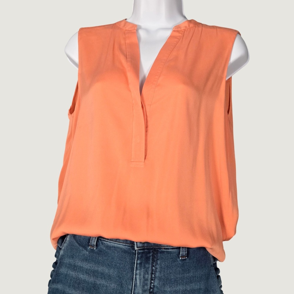 Vince Womens Medium Sleeveless Silk Blend Split Neck Blouse Orange Office Career